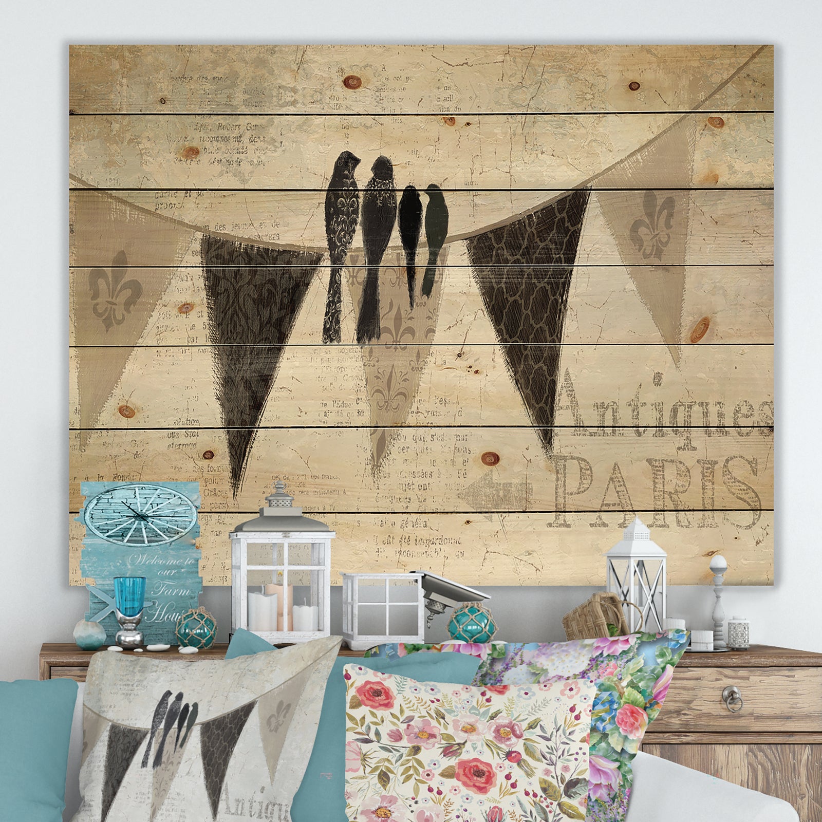 French Bird Flea Market - Farmhouse Print on Natural Pine Wood