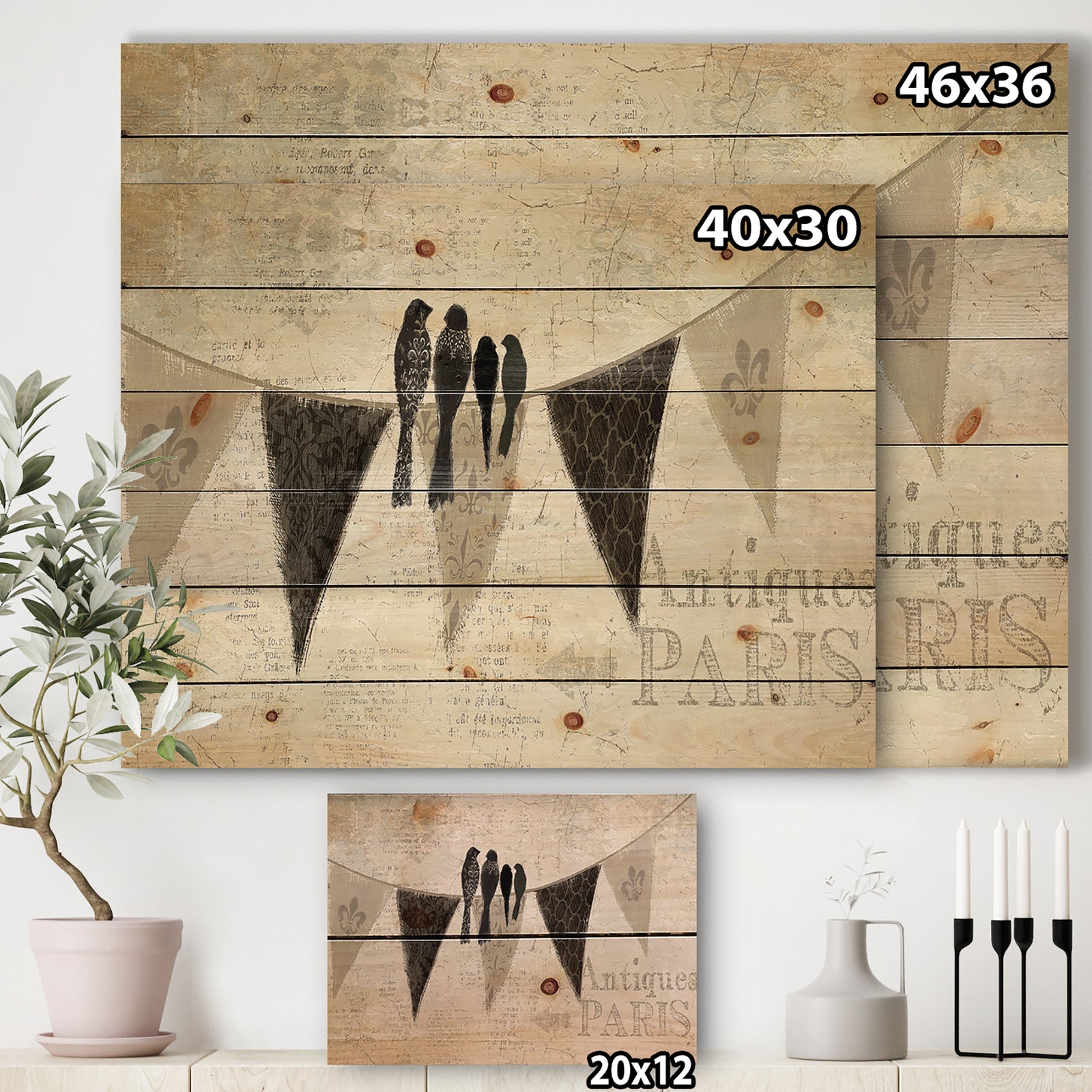 French Bird Flea Market - Farmhouse Print on Natural Pine Wood