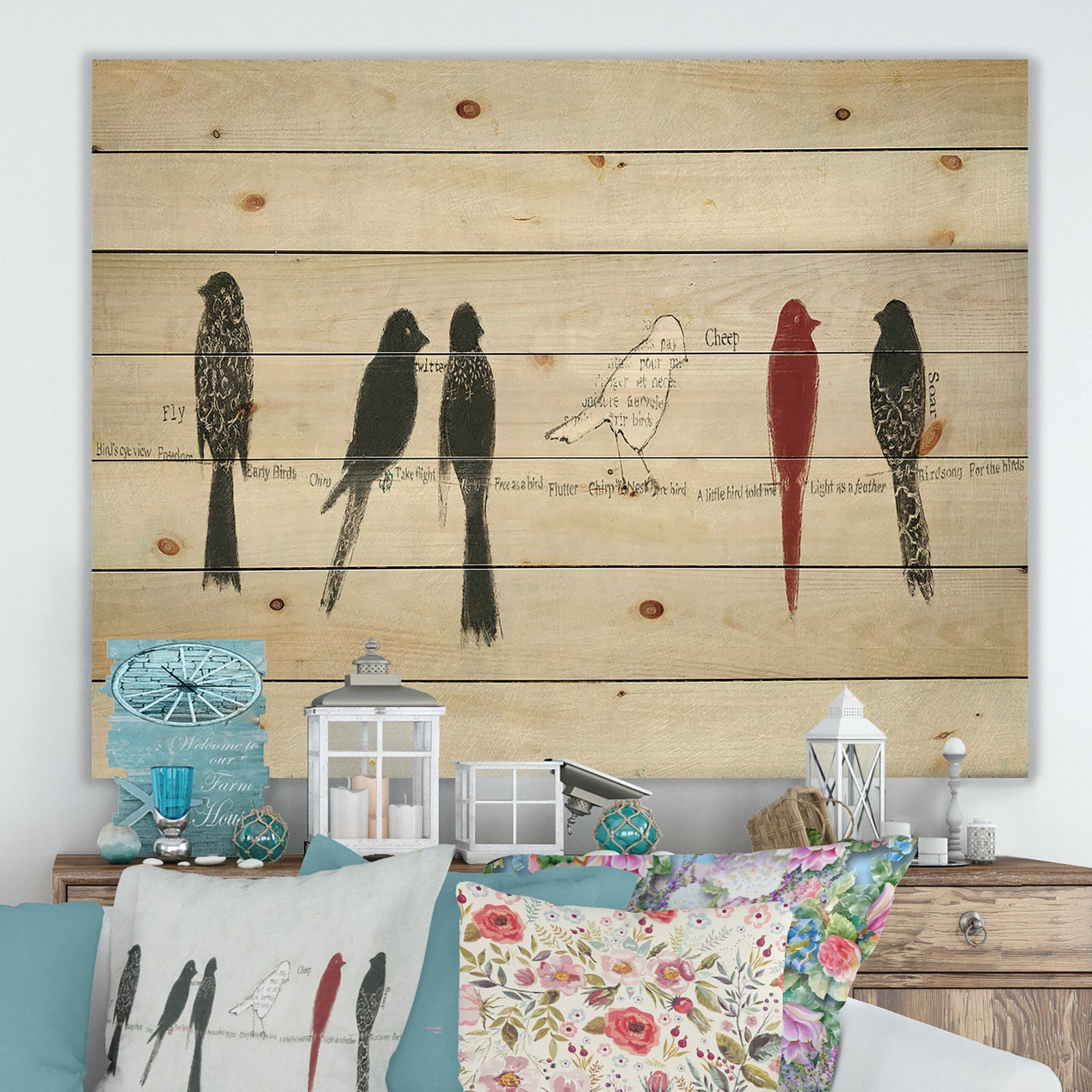 Red Catching Up Bird Family - Farmhouse Print on Natural Pine Wood