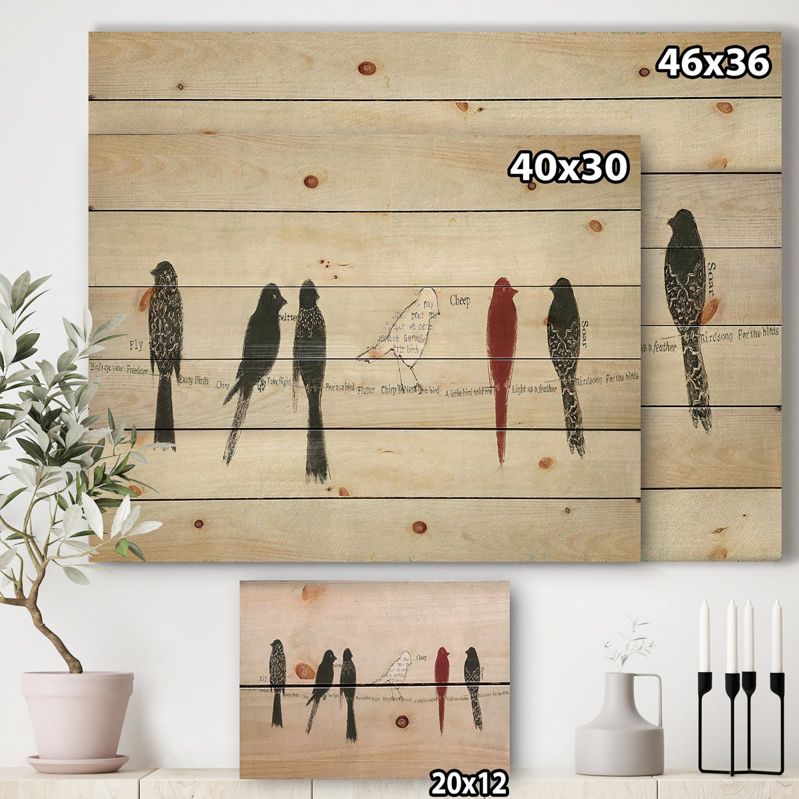 Red Catching Up Bird Family - Farmhouse Print on Natural Pine Wood