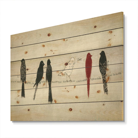 Red Catching Up Bird Family - Farmhouse Print on Natural Pine Wood