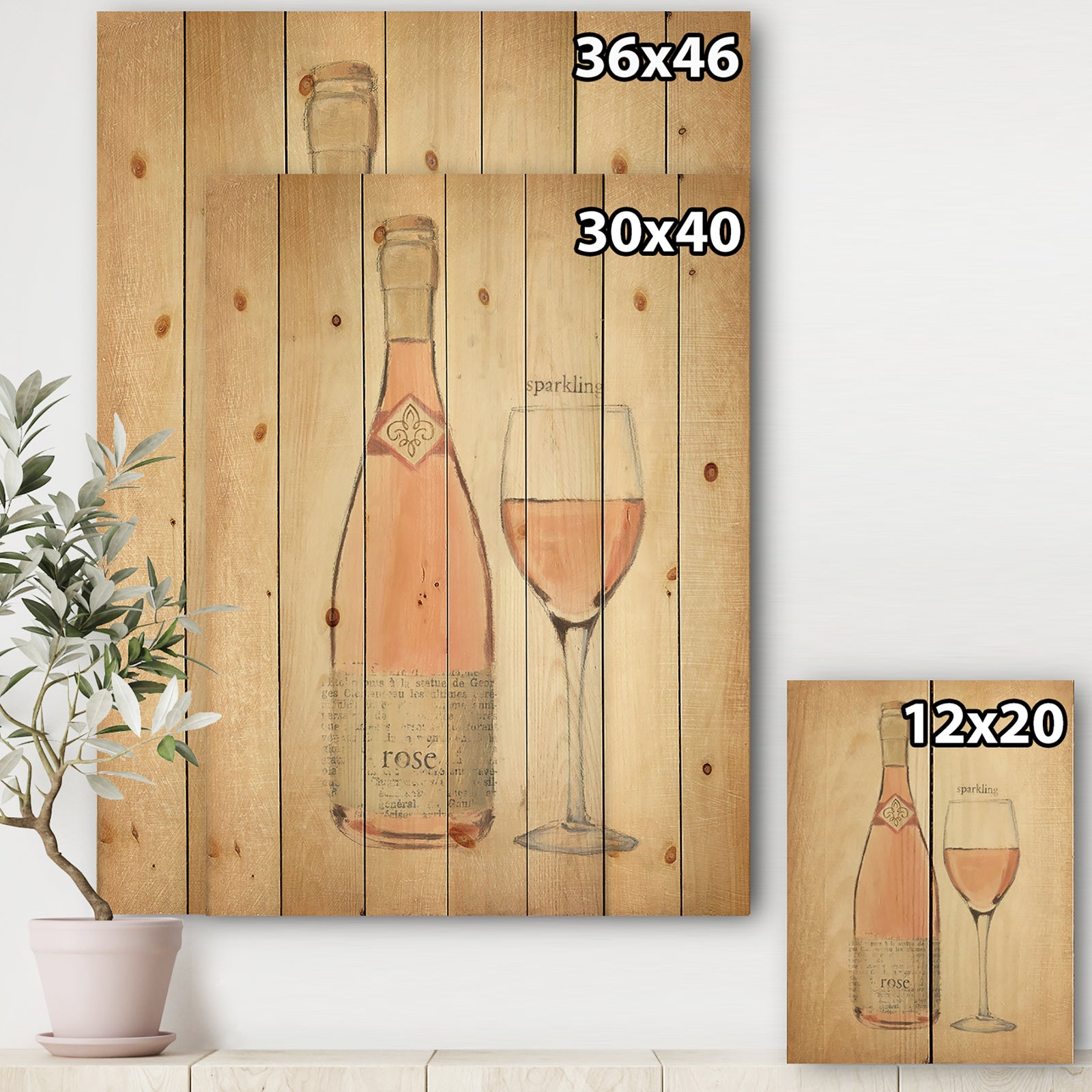 Glam Sparkling Rose Wine - Glam Print on Natural Pine Wood