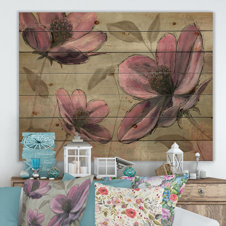 Plum Pink Cottage Flowers - Traditional Print on Natural Pine Wood