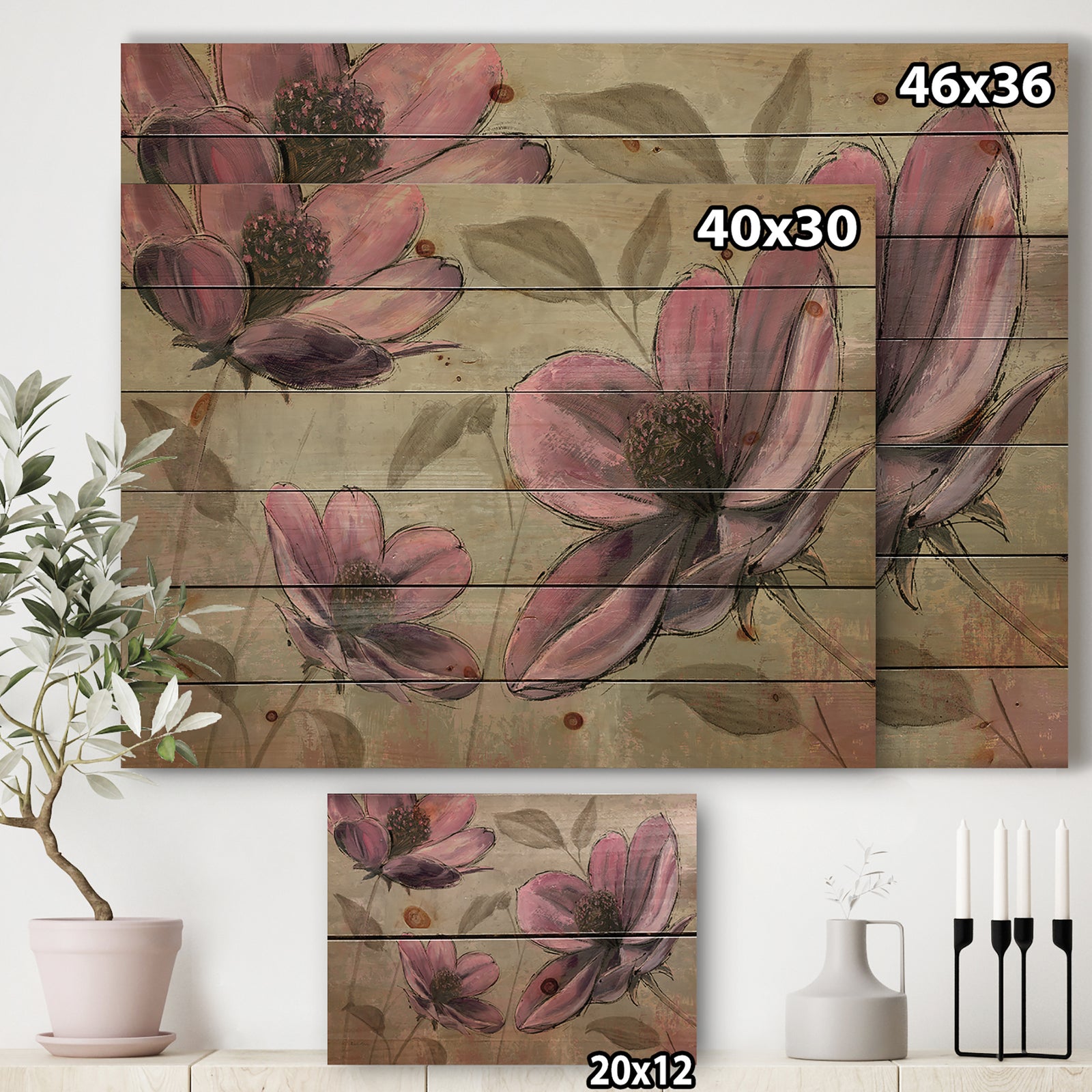 Plum Pink Cottage Flowers - Traditional Print on Natural Pine Wood