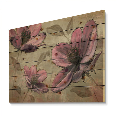 Plum Pink Cottage Flowers - Traditional Print on Natural Pine Wood