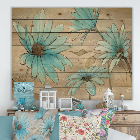 Indigo Leucanthemum Cottage Flower - Traditional Print on Natural Pine Wood