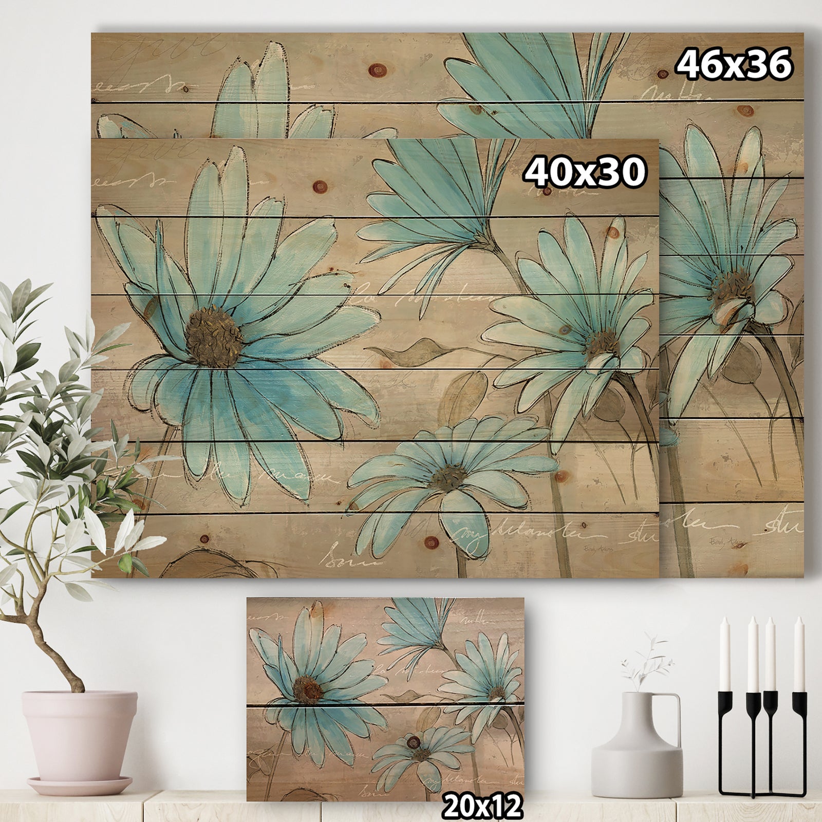 Indigo Leucanthemum Cottage Flower - Traditional Print on Natural Pine Wood