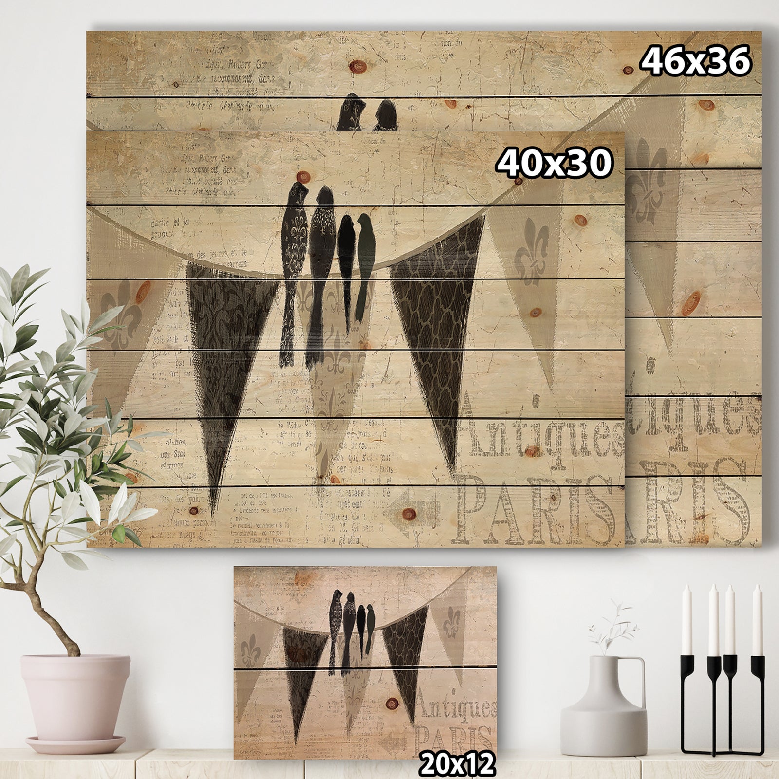 French Bird Flea Market III - Farmhouse Print on Natural Pine Wood