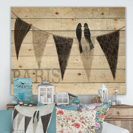 French Bird Flea Market IV - French Country Print on Natural Pine Wood