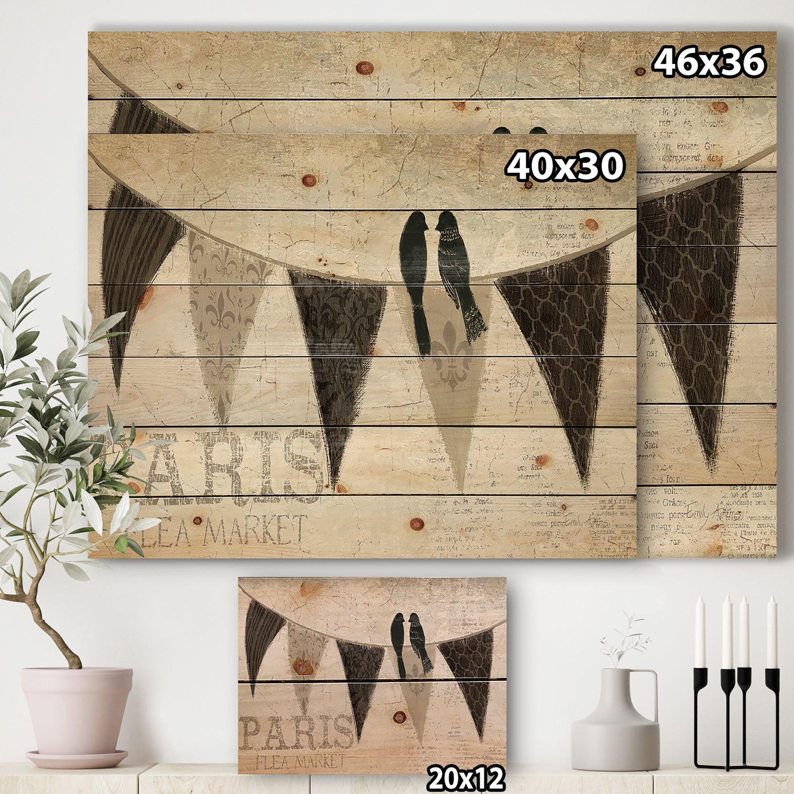 French Bird Flea Market IV - French Country Print on Natural Pine Wood