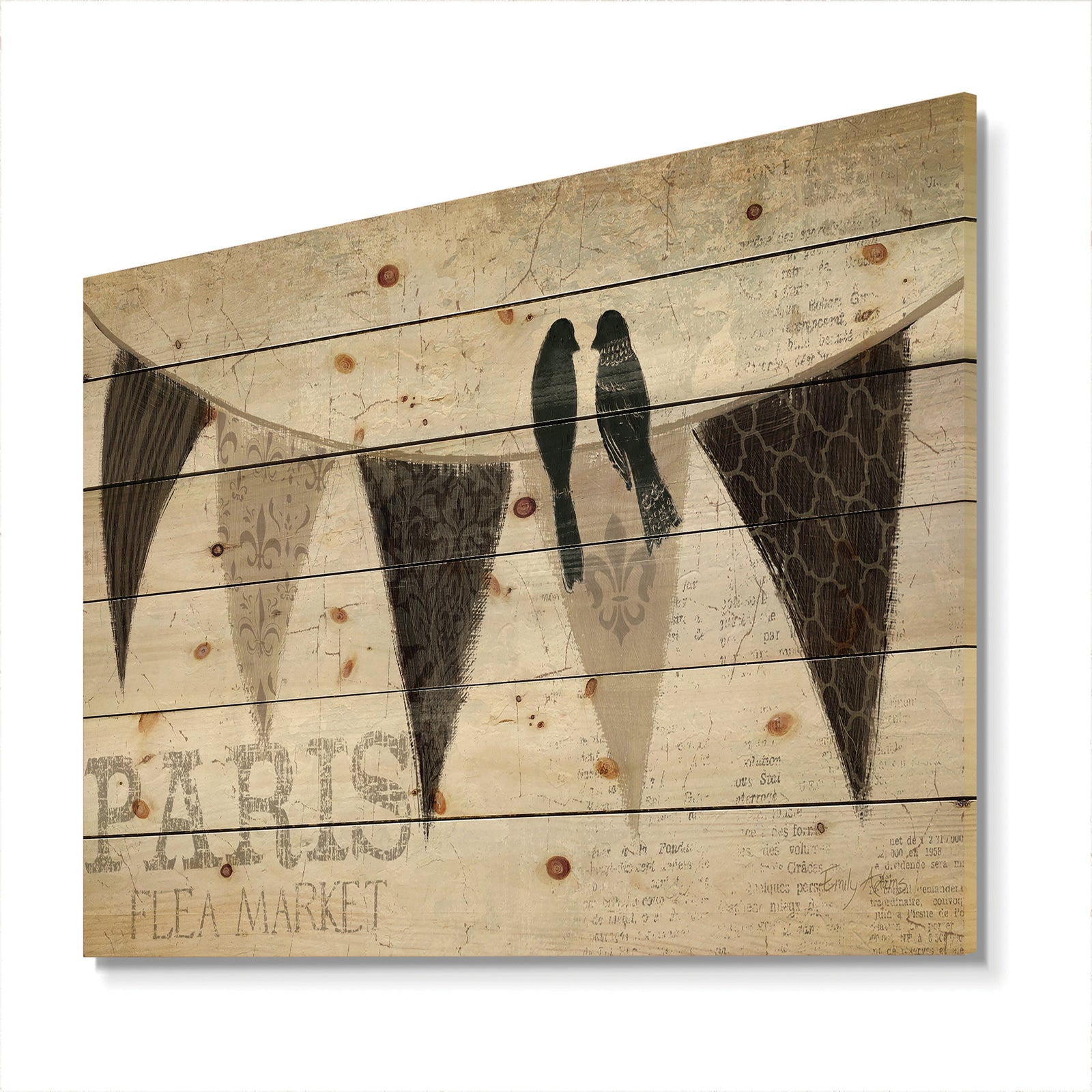 French Bird Flea Market IV - French Country Print on Natural Pine Wood