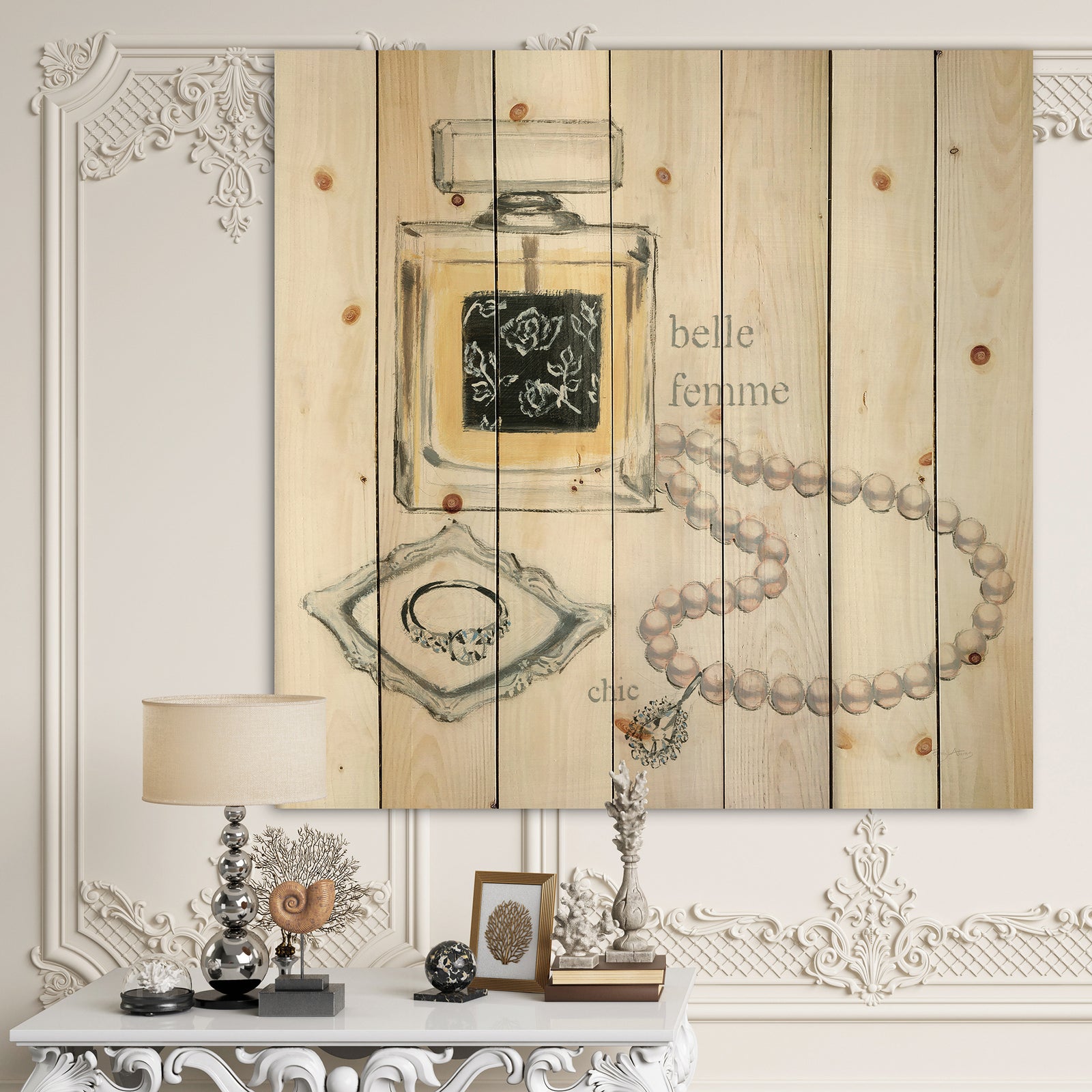 Perfume Glam Bathroom I - Traditional Bathroom Print on Natural Pine Wood