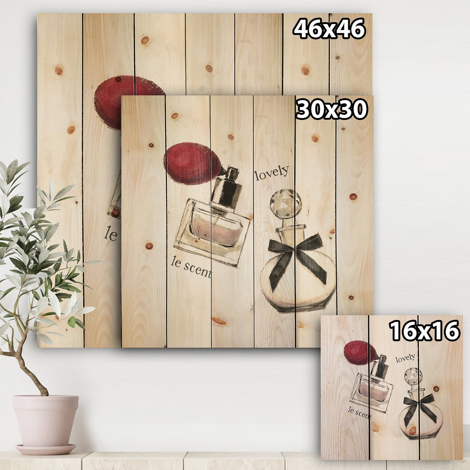 Lovely Glamorous Parfum - Traditional Bathroom Print on Natural Pine Wood