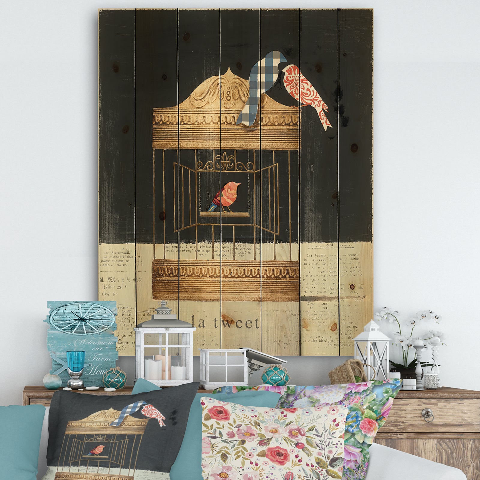 Tweet Gold Birdcage Collage - Traditional Print on Natural Pine Wood