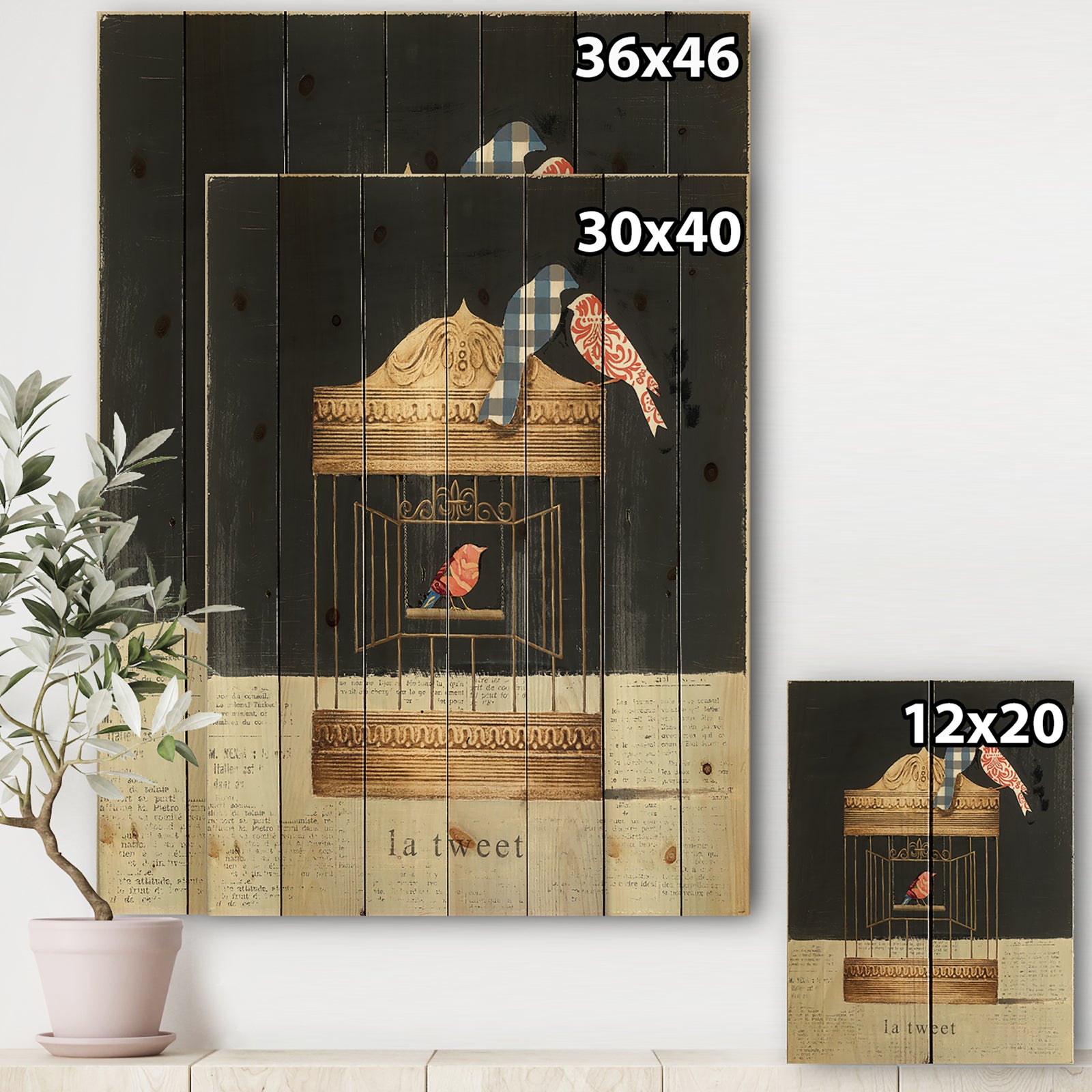 Tweet Gold Birdcage Collage - Traditional Print on Natural Pine Wood