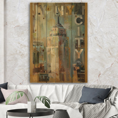 Gold Vintage Empire State Building I - Vintage Architecture Print on Natural Pine Wood