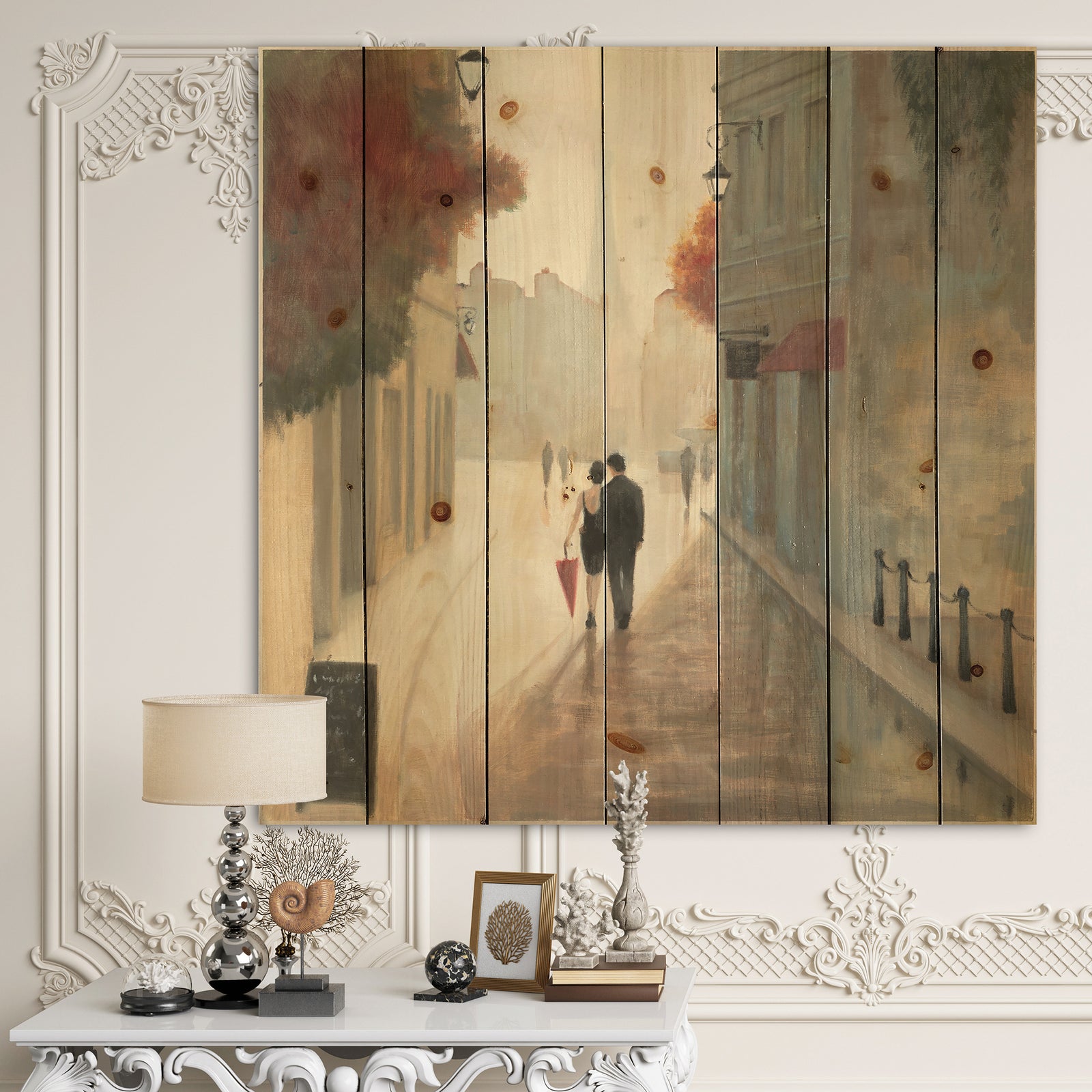 Paris Romance Couples II - Romantic French Country Print on Natural Pine Wood