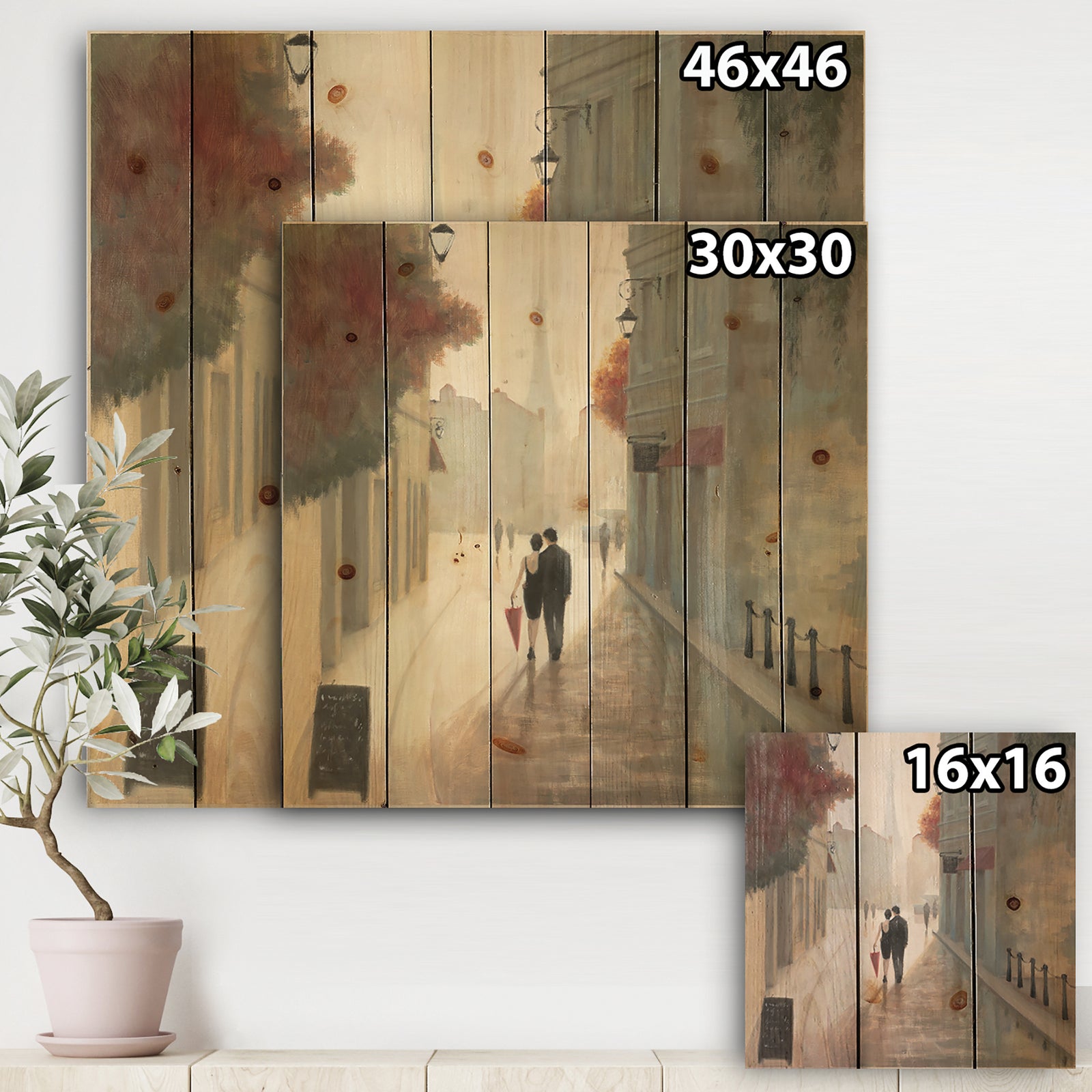 Paris Romance Couples II - Romantic French Country Print on Natural Pine Wood