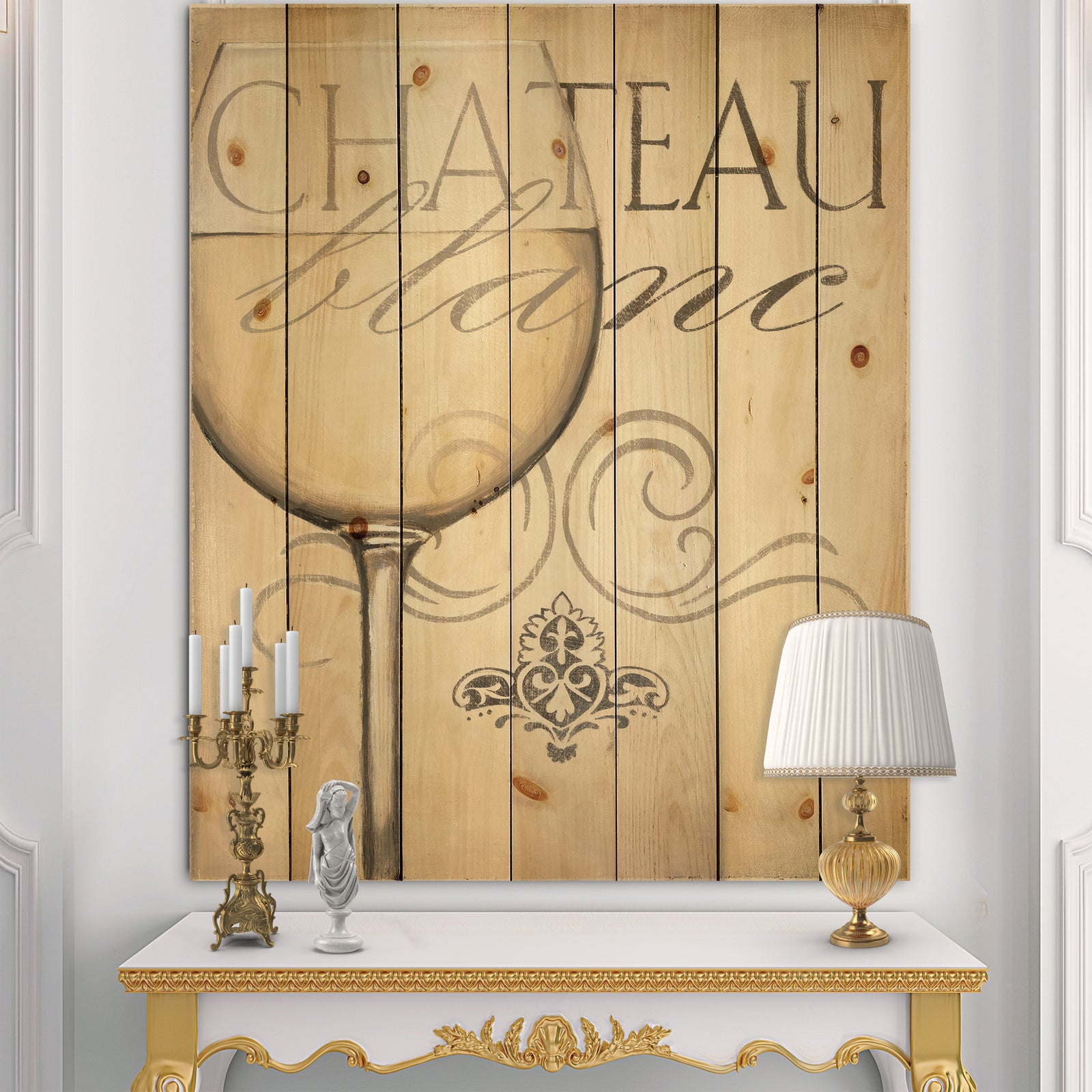 French Chateau White Wine II - Food and Beverage Print on Natural Pine Wood