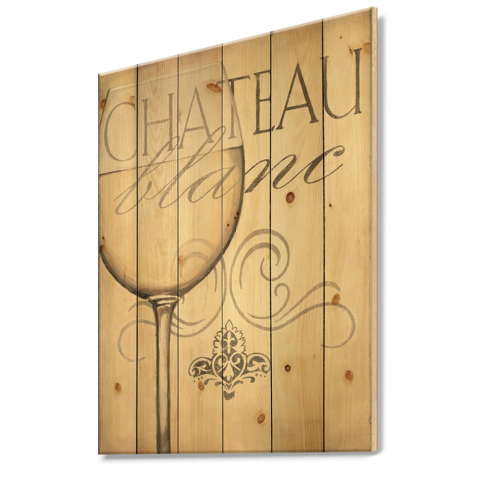 French Chateau White Wine II - Food and Beverage Print on Natural Pine Wood