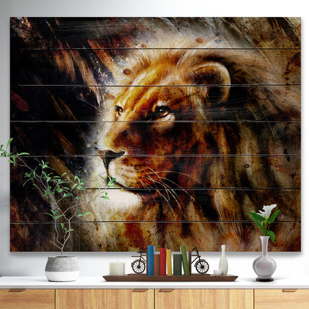 Majestically Peaceful Lion - Animal Art Print on Natural Pine Wood