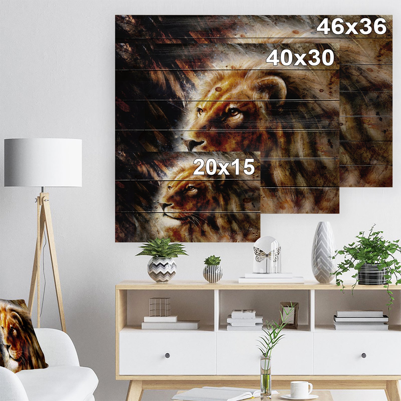 Majestically Peaceful Lion - Animal Art Print on Natural Pine Wood