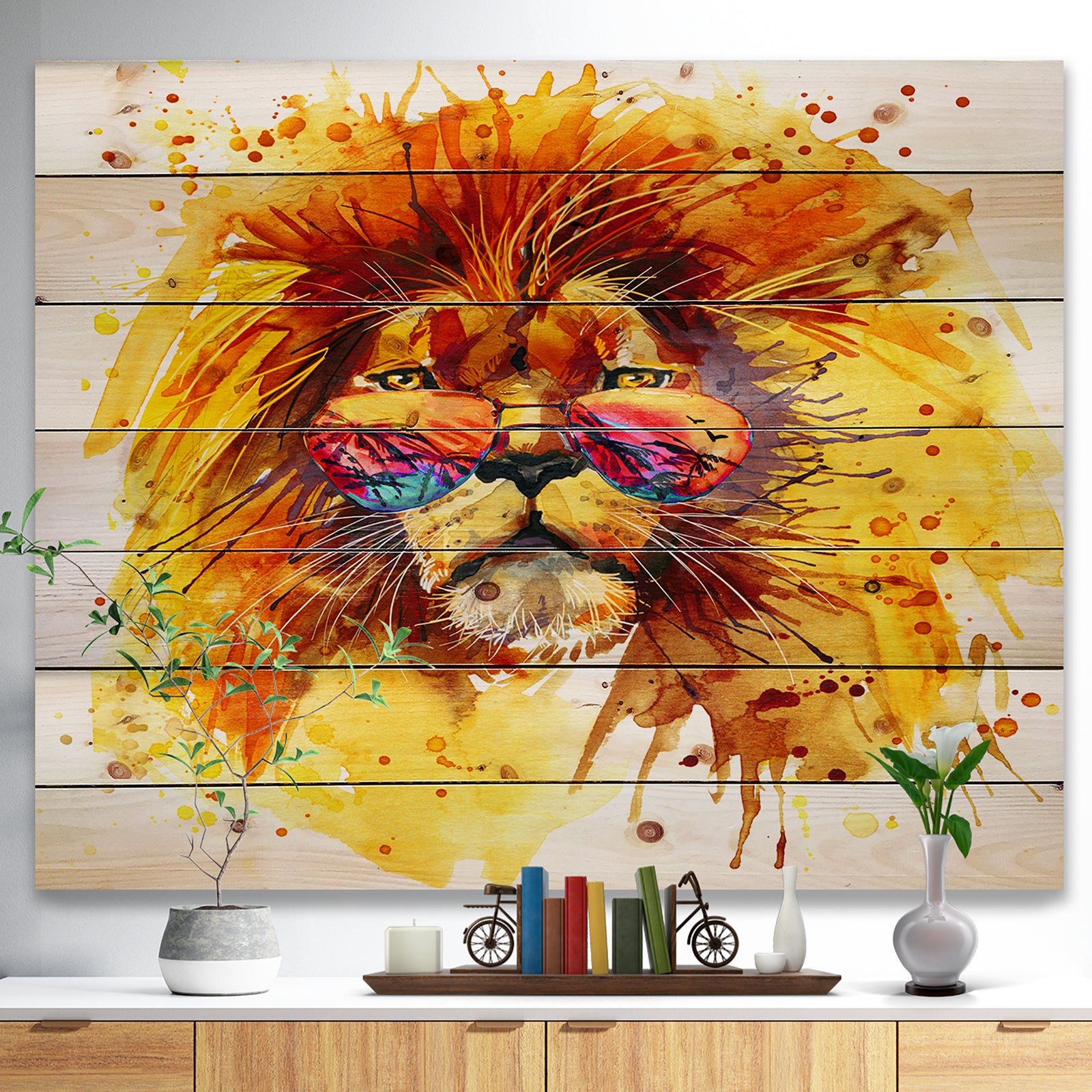 The King Watching - Animal Art Print on Natural Pine Wood
