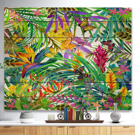 Tropical Leaves and Flowers - Floral Art Print on Natural Pine Wood