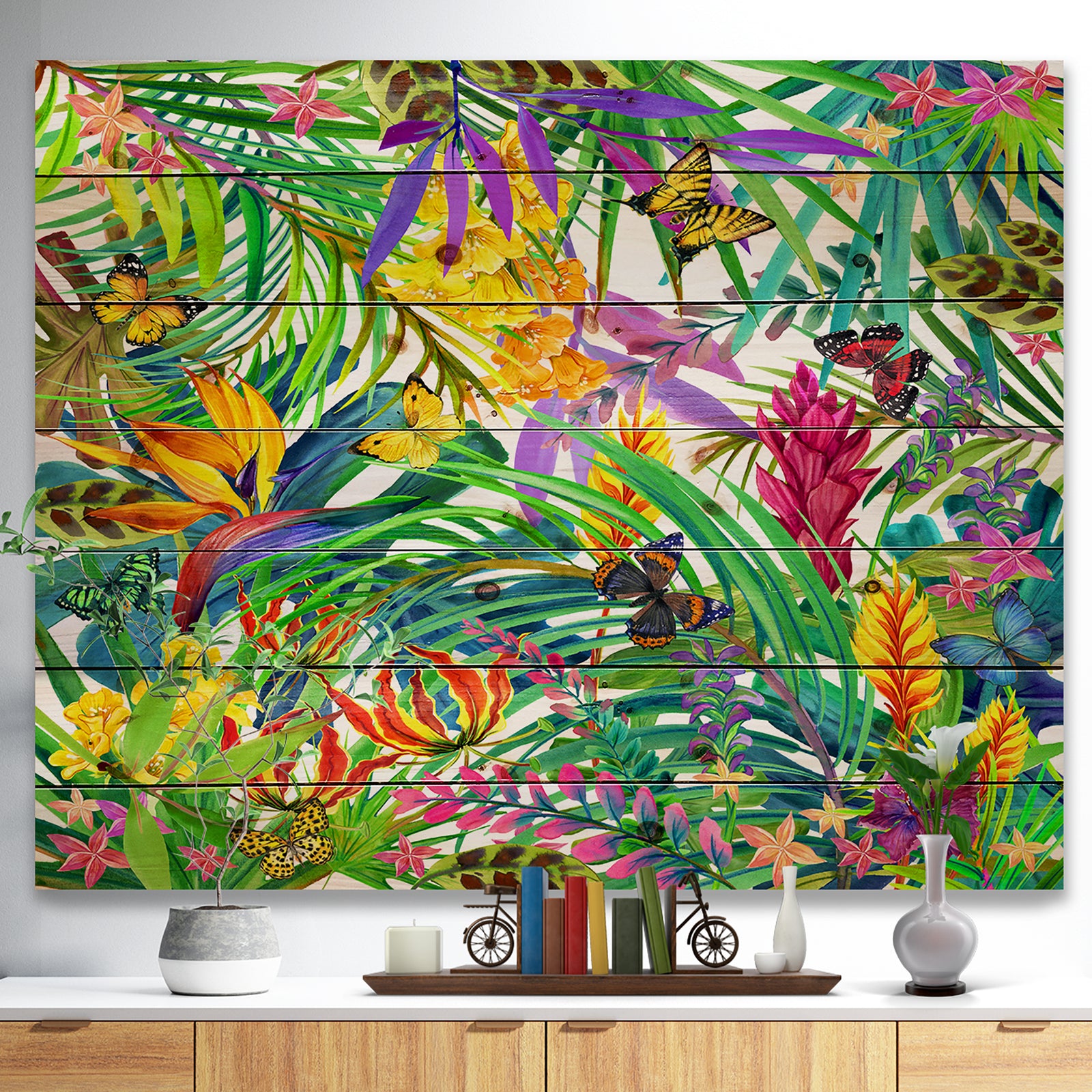 Tropical Leaves and Flowers - Floral Art Print on Natural Pine Wood