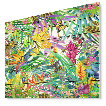 Tropical Leaves and Flowers - Floral Art Print on Natural Pine Wood