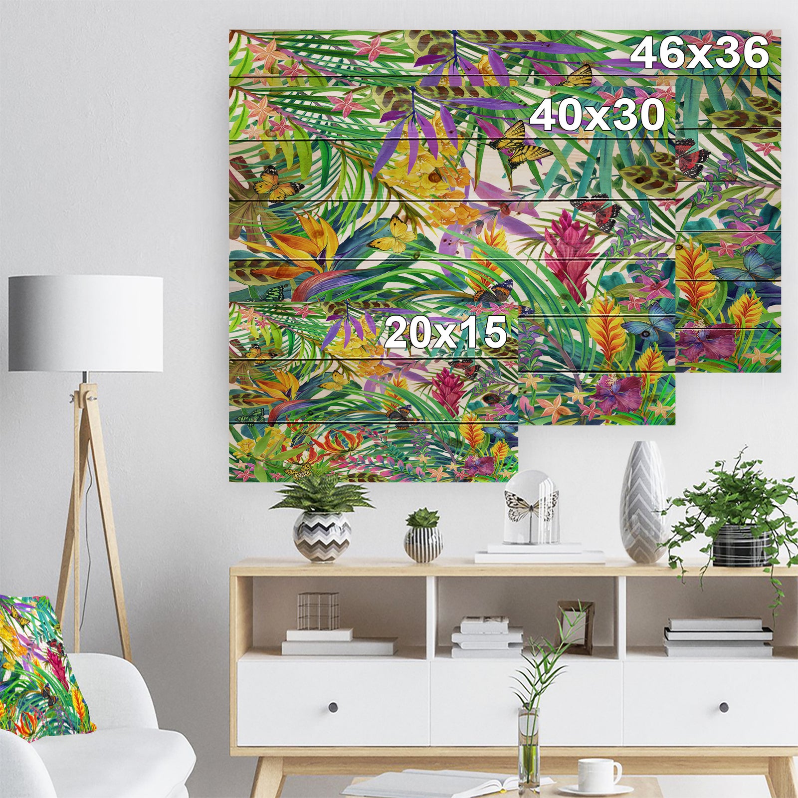 Tropical Leaves and Flowers - Floral Art Print on Natural Pine Wood