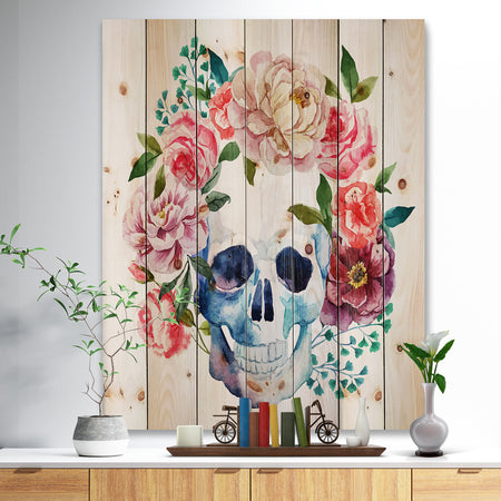 Skull Bouquet Vector Art - Contemporary Print on Natural Pine Wood