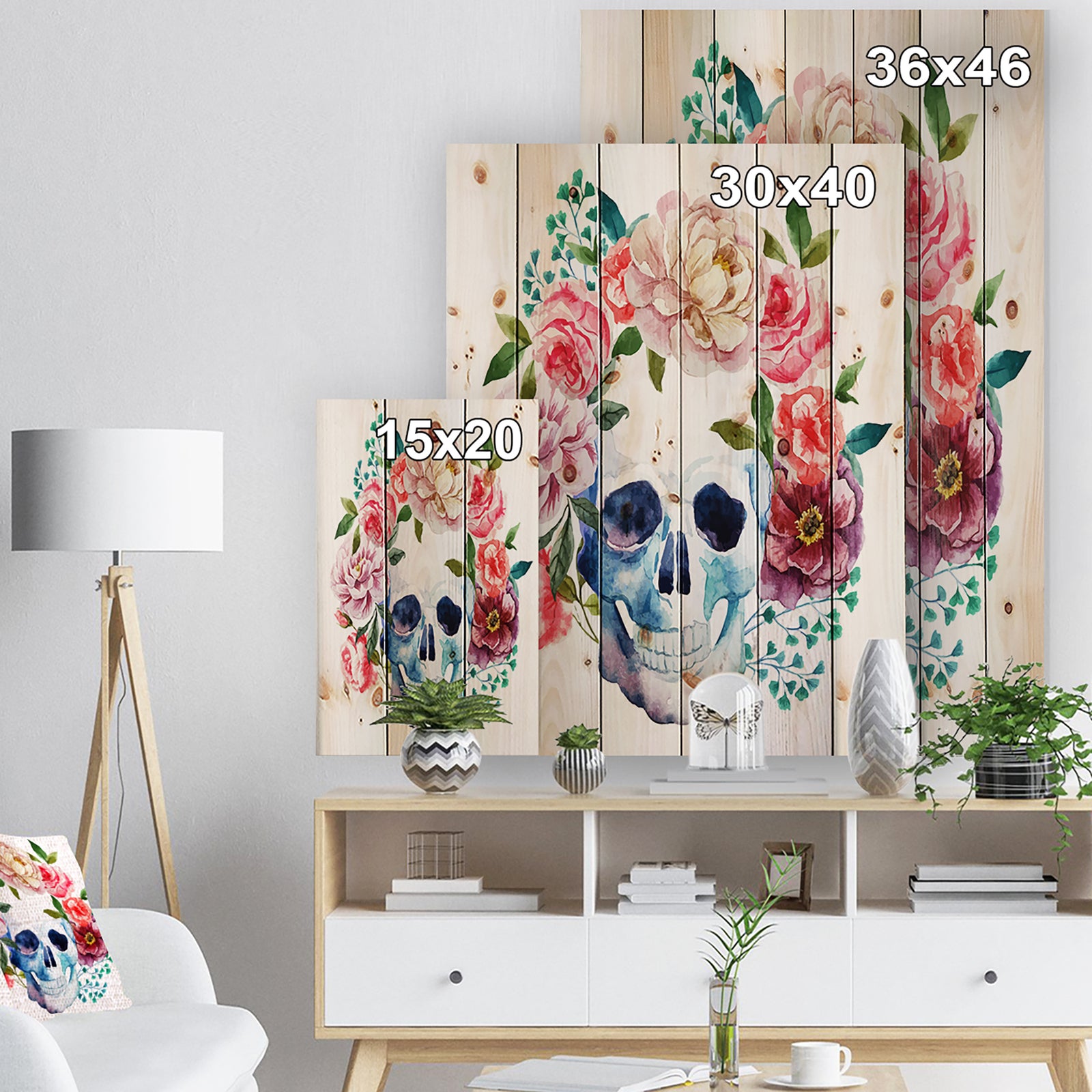 Skull Bouquet Vector Art - Contemporary Print on Natural Pine Wood
