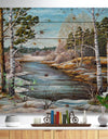 The spring Siberian River - Landscape Print on Natural Pine Wood