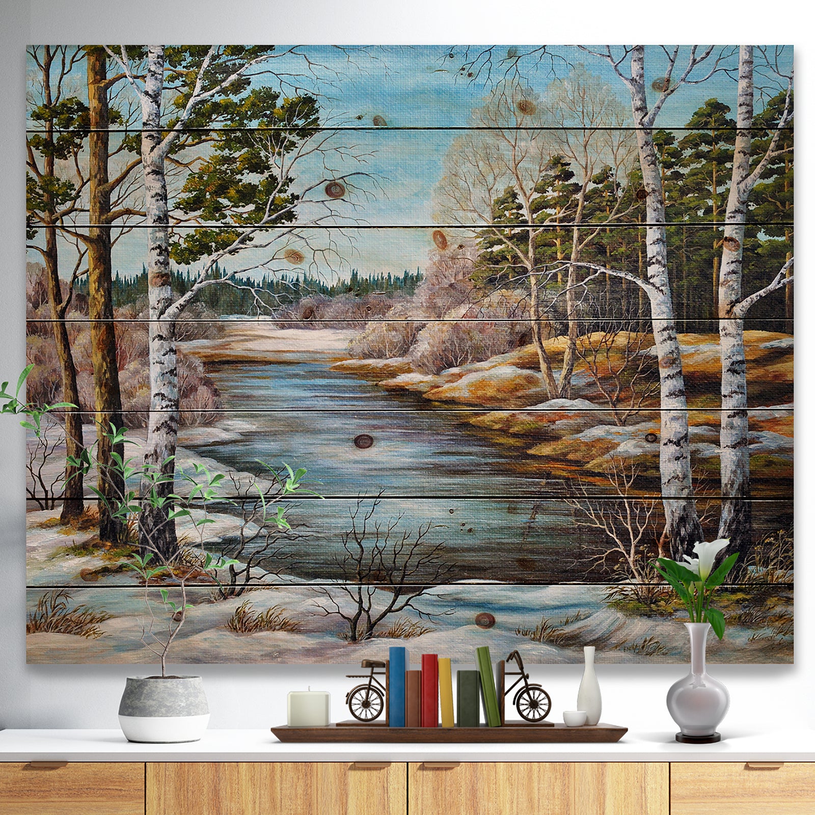 The spring Siberian River - Landscape Print on Natural Pine Wood