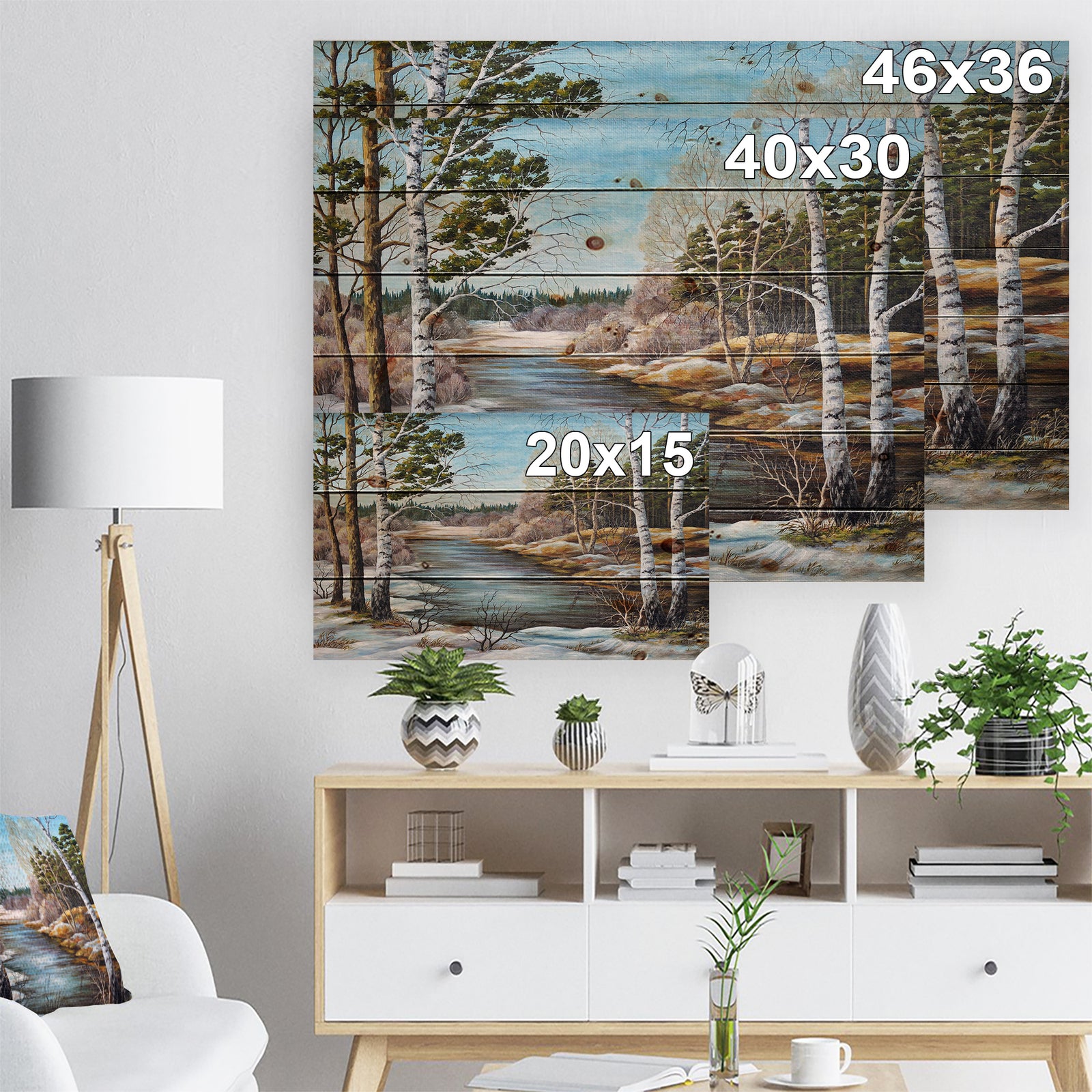 The spring Siberian River - Landscape Print on Natural Pine Wood