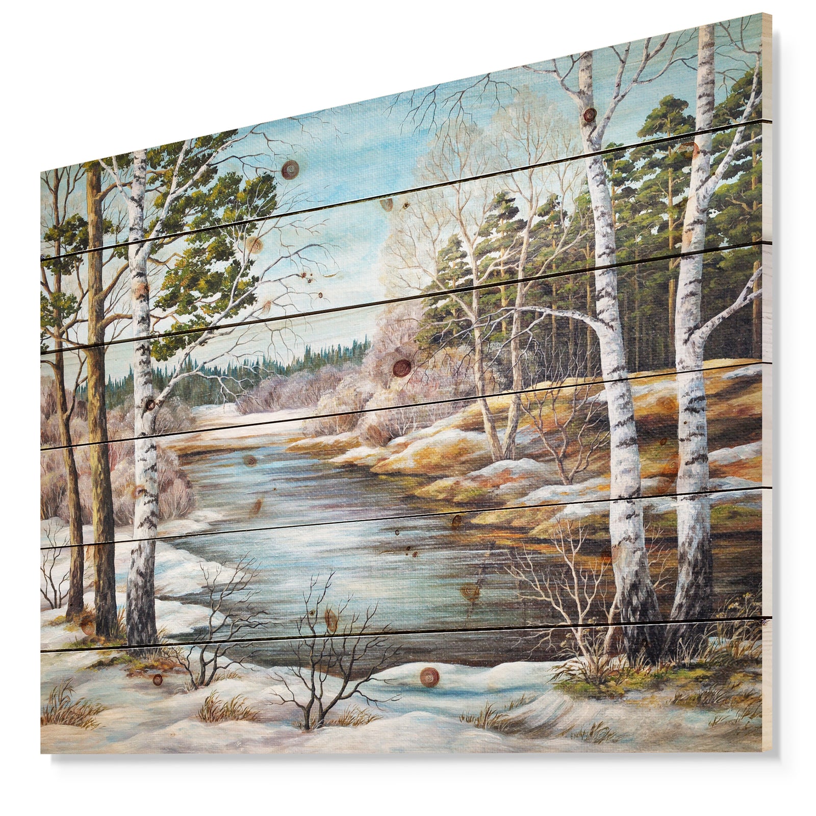 The spring Siberian River - Landscape Print on Natural Pine Wood