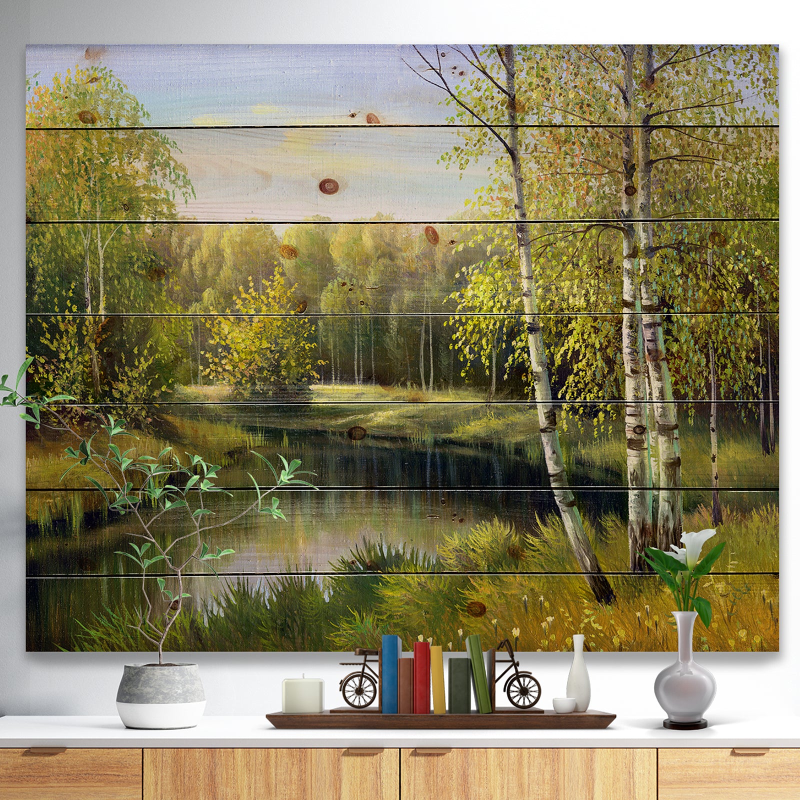 Quiet Autumn River - Landscape Print on Natural Pine Wood