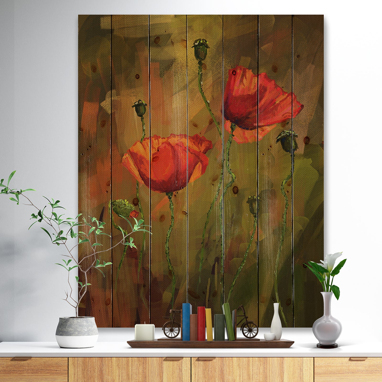 Watercolor Poppy Flowers - Floral Art Print on Natural Pine Wood