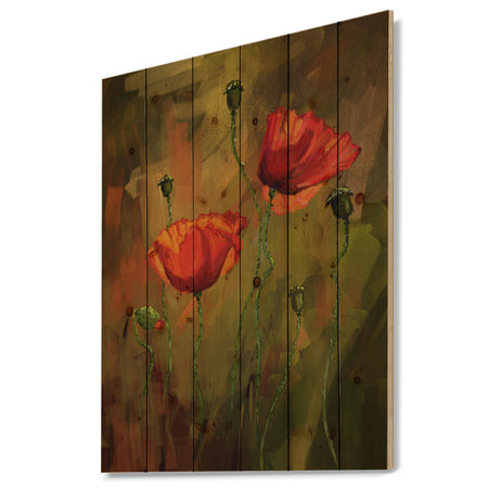 Watercolor Poppy Flowers - Floral Art Print on Natural Pine Wood