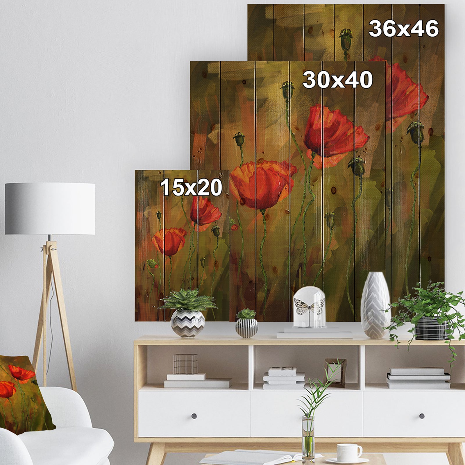 Watercolor Poppy Flowers - Floral Art Print on Natural Pine Wood