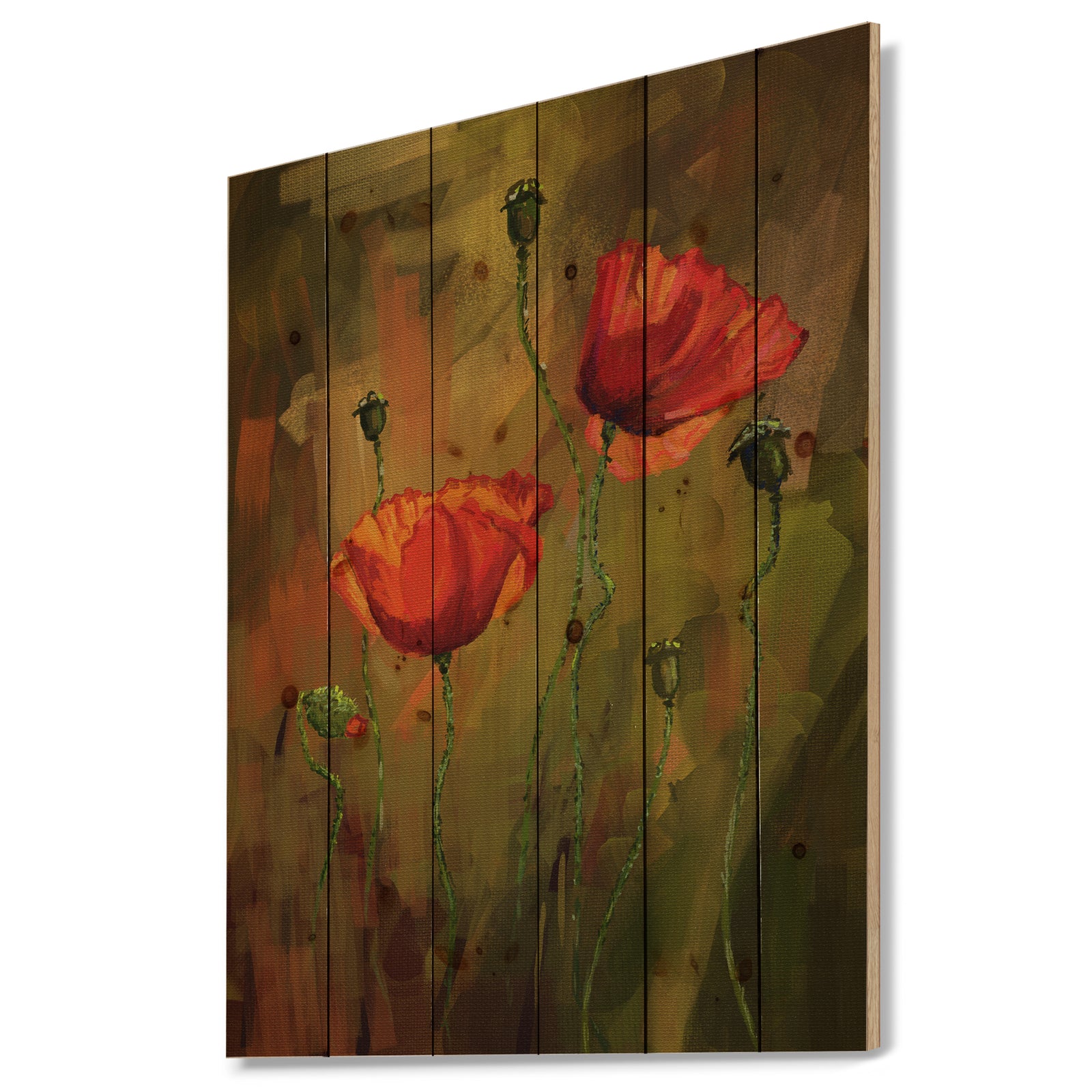 Watercolor Poppy Flowers - Floral Art Print on Natural Pine Wood