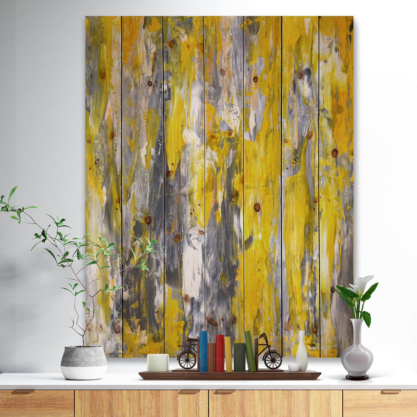 Grey and Yellow Abstract Pattern - Abstract Print on Natural Pine Wood