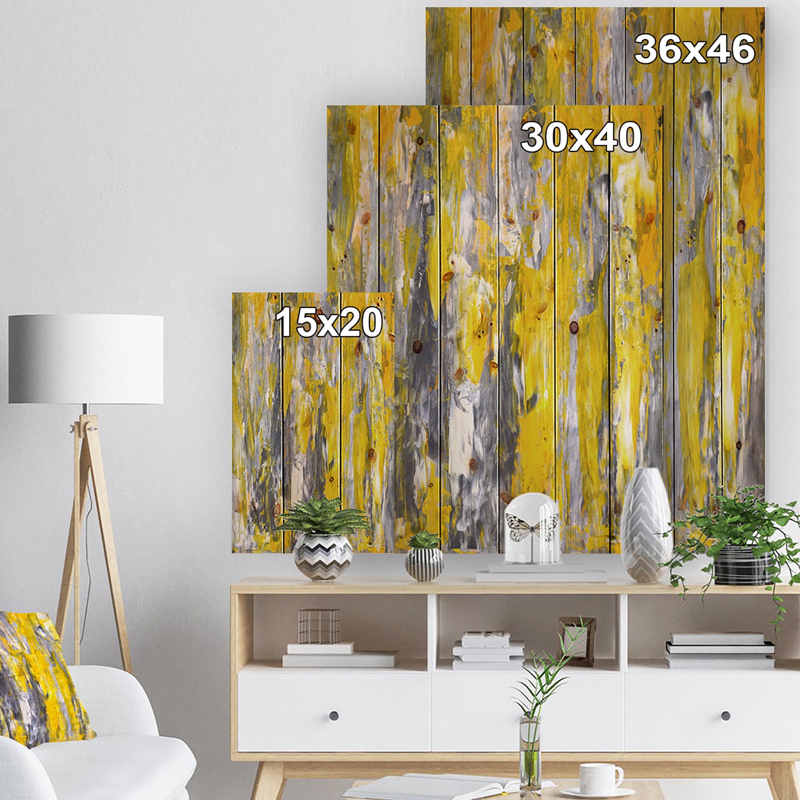 Grey and Yellow Abstract Pattern - Abstract Print on Natural Pine Wood