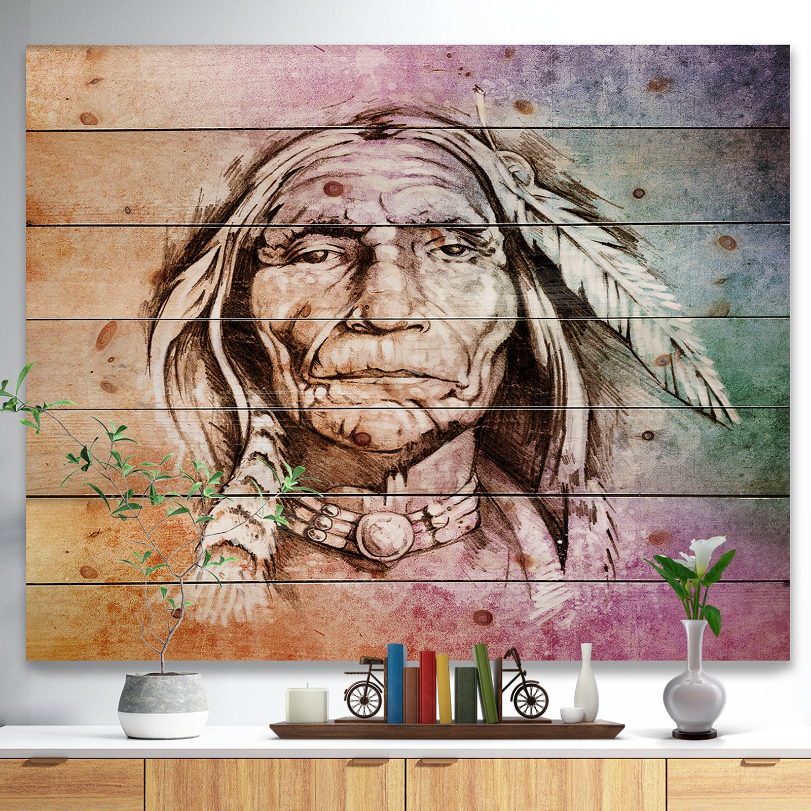 American Indian Head - Portrait Print on Natural Pine Wood