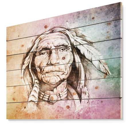 American Indian Head - Portrait Print on Natural Pine Wood