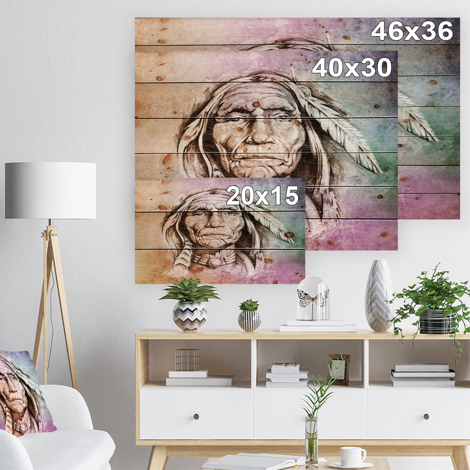American Indian Head - Portrait Print on Natural Pine Wood