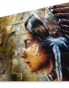 Indian Woman with Headdress - Portrait Print on Natural Pine Wood