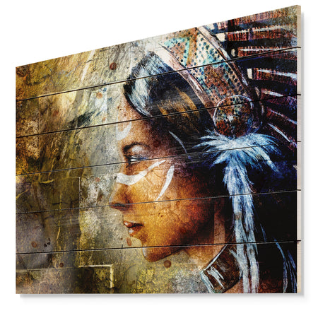 Indian Woman with Headdress - Portrait Print on Natural Pine Wood