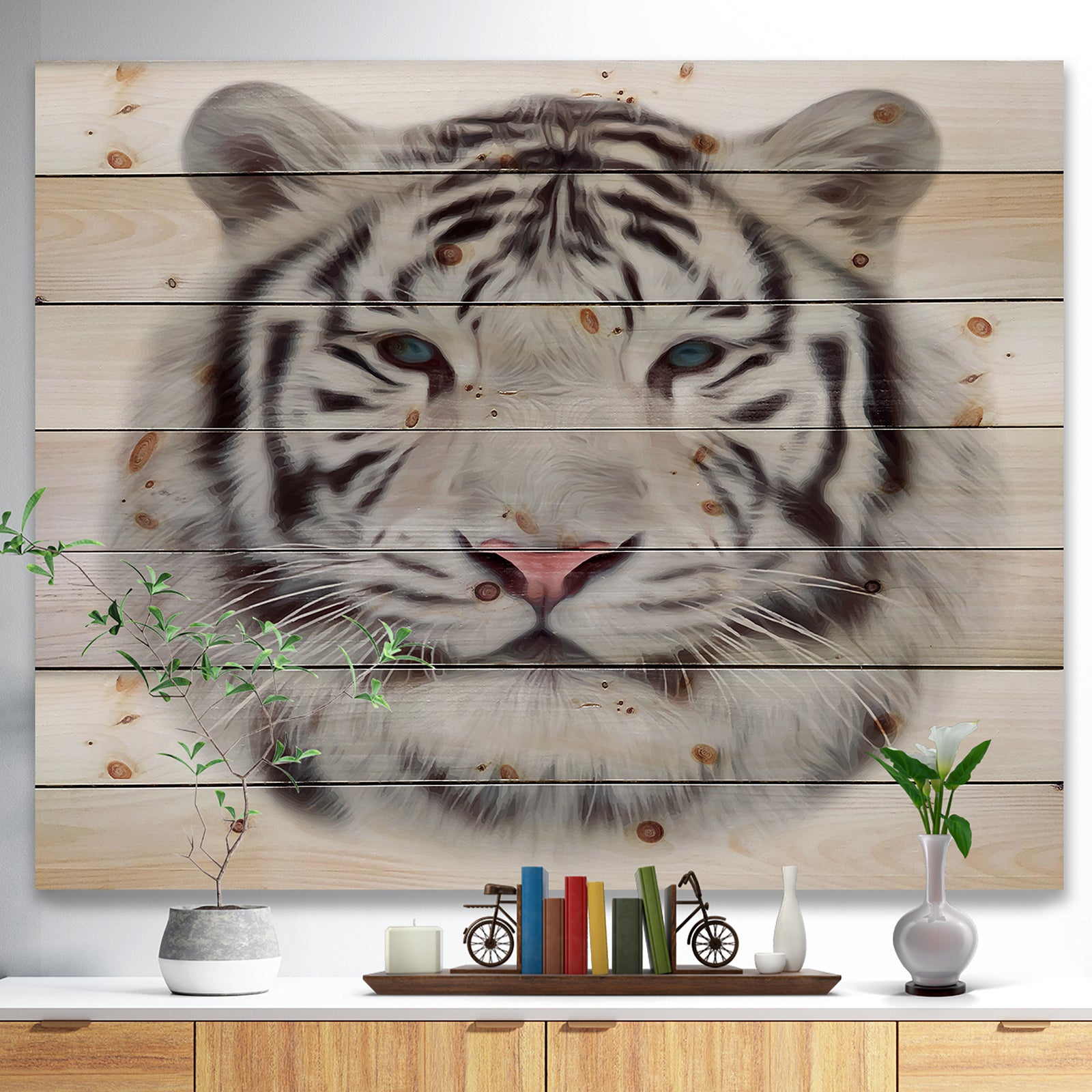 White Bengal Tiger - Animal Art Print on Natural Pine Wood